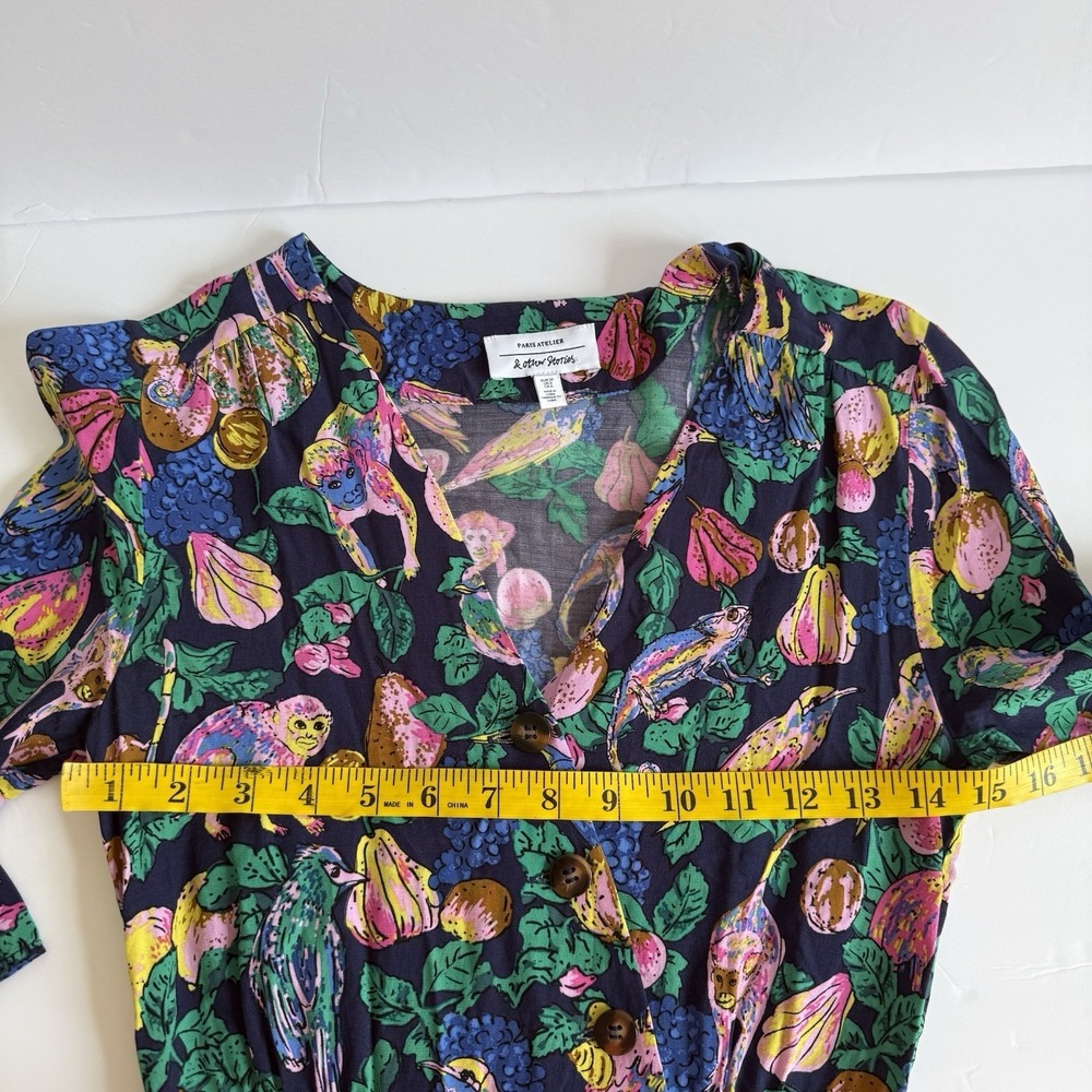 & Other Stories Monkey Print Dress Size 0 Colorful Asymmetric Button Up Tropical - Picture 5 of 8